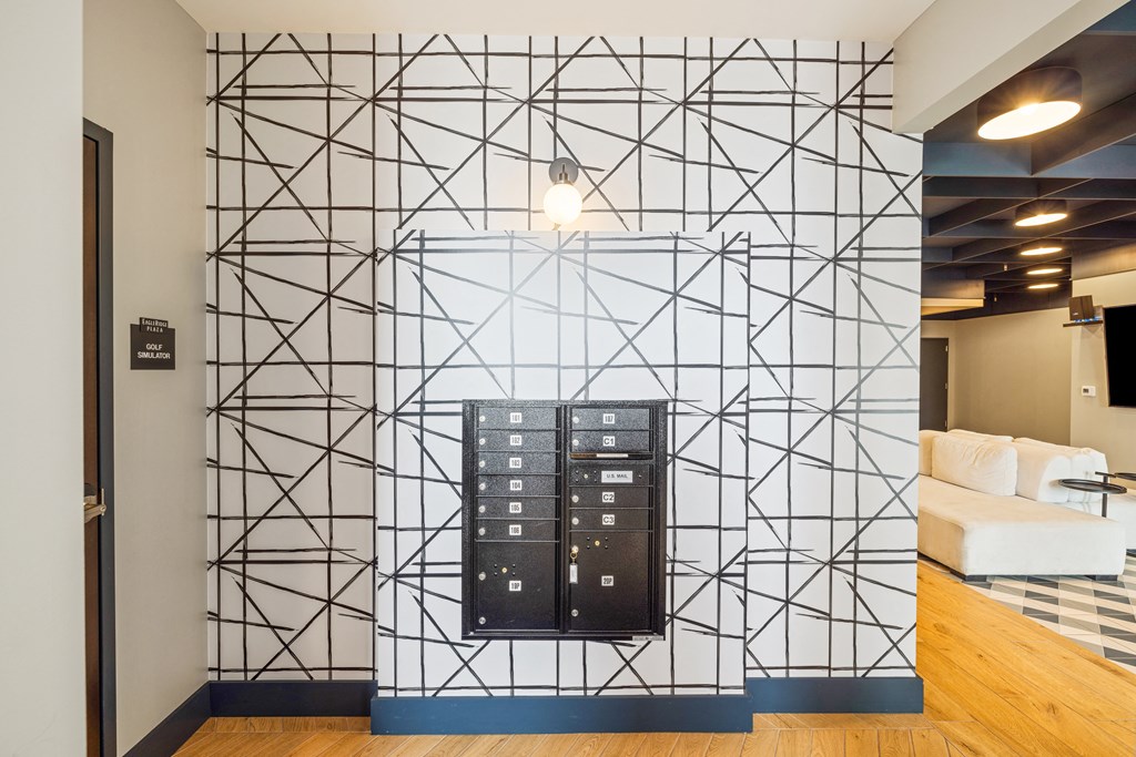 a wall in a room with a black geometric pattern on it at EagleRidge Plaza Residences, North Dakota, 58104