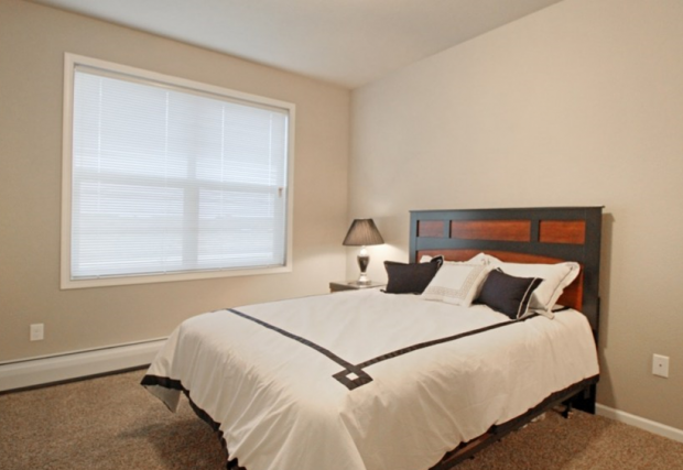 a bedroom with a large bed and a window