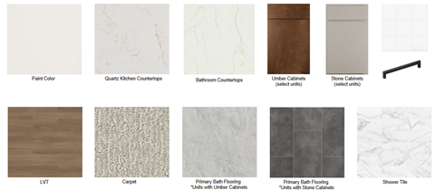 A collection of various bathroom tiles and materials including paint color, kitchen countertops, bathroom countertops, linoleum, shower tile, LVT, carpet, and primary bath flooring.