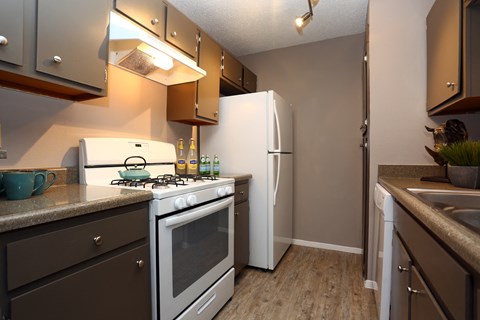 a kitchen with a white stove and refrigerator and a sink