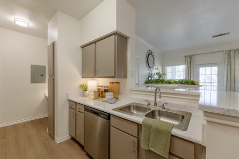 A kitchen with a stainless steel dishwasher and a green towel hanging on the sink.