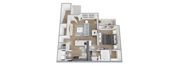 A 3D floor plan of a small apartment with a kitchen, living room, and bedroom.