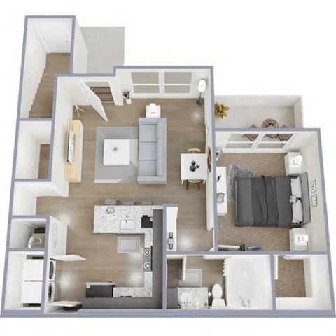 a 3d drawing of the bedroom and living room of an apartment