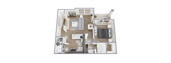 A 3D floor plan of a small apartment with a kitchen, living room, and bathroom.