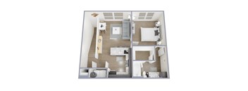 A top-down view of a small apartment with a kitchen, living room, and bathroom.