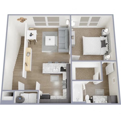 a 3d drawing of the floor plan with an open living room