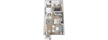 A floor plan of a house with a kitchen, living room, and bathroom.