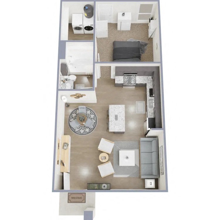 a stylized floor plan with a bedroom and a living room