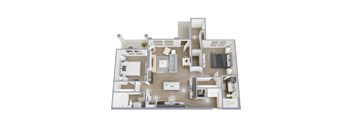 A 3D floor plan of a house with multiple rooms and furniture.