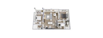 A 3D floor plan of a house with a kitchen, living room, and bedrooms.