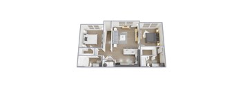 A 3D floor plan of a house with a kitchen, living room, and two bedrooms.