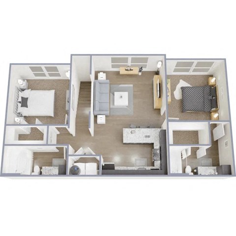 a stylized floor plan with a bedroom and living room