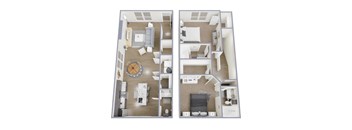 A floor plan of a two-bedroom apartment with a living room, kitchen, and bathroom.