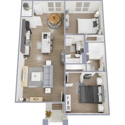a stylized floor plan with a bedroom and living room