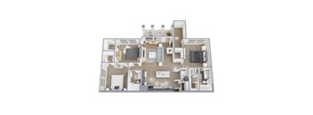 A 3D floor plan of a house with multiple rooms and furniture.