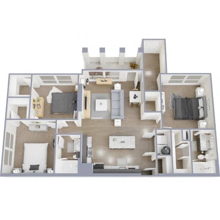 a 3d floor plan with a bedroom and a living room