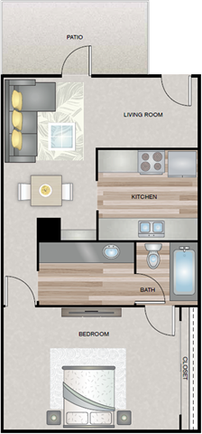 A floor plan of a house with a living room, kitchen, bathroom and bedroom.