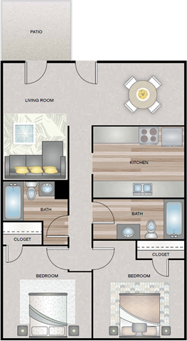 A floor plan of a house with a living room, kitchen, two bathrooms, and two bedrooms.