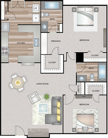 A floor plan of a house with a living room, kitchen, dining room, and two bedrooms.