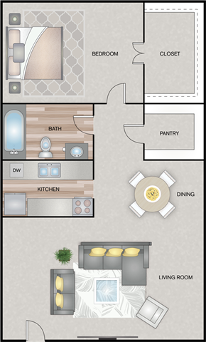 A diagram of a house layout with labeled rooms such as Bedroom, Bath, Kitchen, Dining, Living Room, Closet, and Pantry.