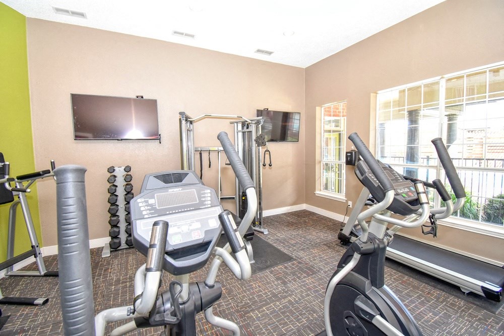 a gym with exercise machines and a television