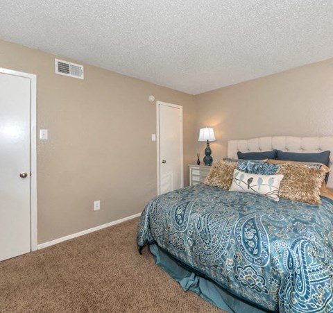 a bedroom with a bed and a door to a closet