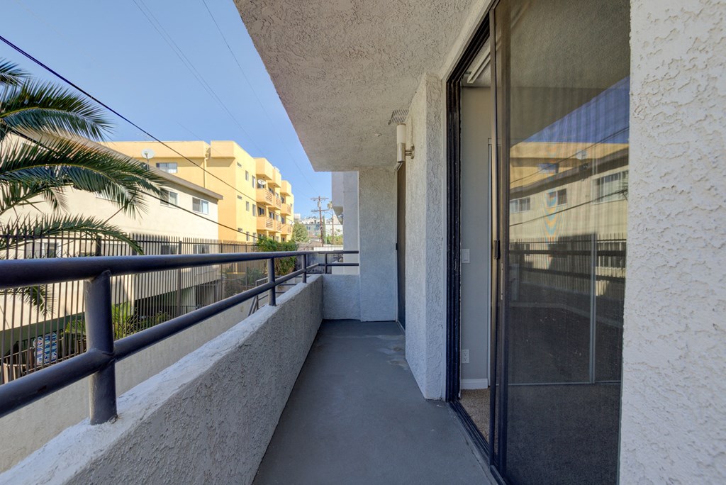 a balcony with a glass door and a palm tree