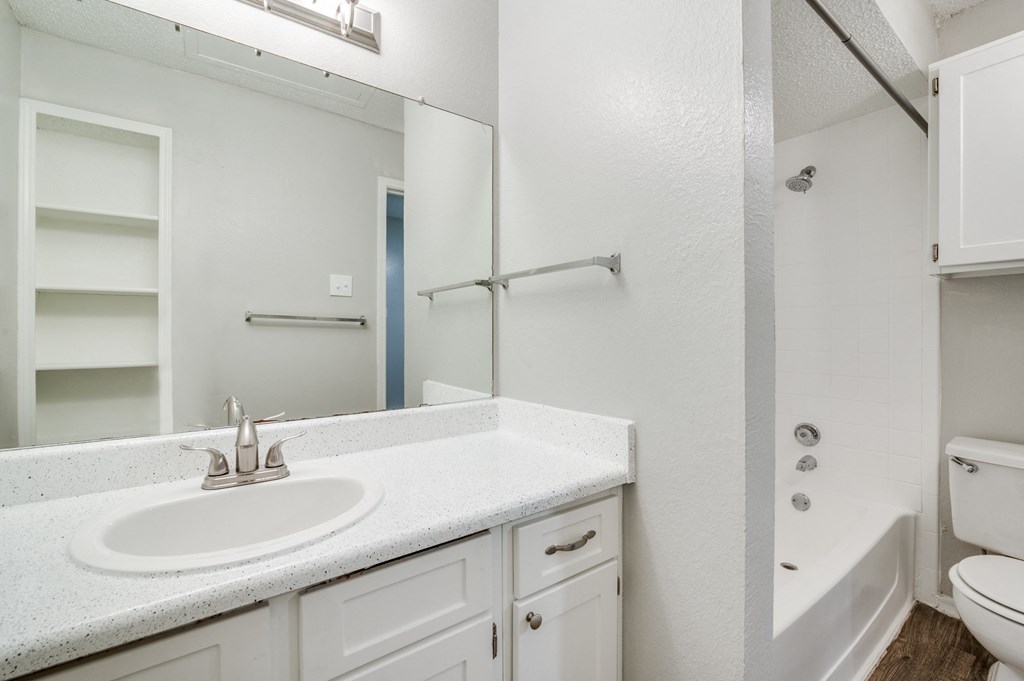 a bathroom with a sink and a shower and a toilet