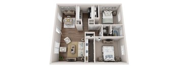 A 3D floor plan of a small apartment with two bedrooms, a living room, and a kitchen.
