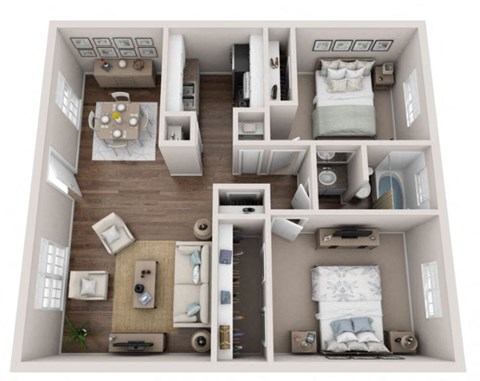 A 3D floor plan of a small apartment with two bedrooms, a living room, and a kitchen.