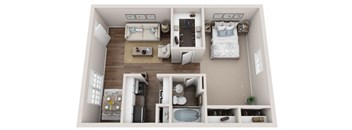 A top-down view of a small, neatly organized apartment with two bedrooms, a living room, a kitchen, and a bathroom.