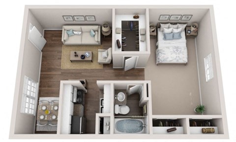 A top-down view of a small, neatly organized apartment with two bedrooms, a living room, a kitchen, and a bathroom.