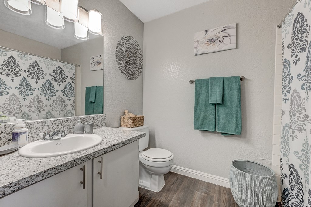 a bathroom with a toilet sink and mirror and a shower at Desert Bay Apartments, Laughlin