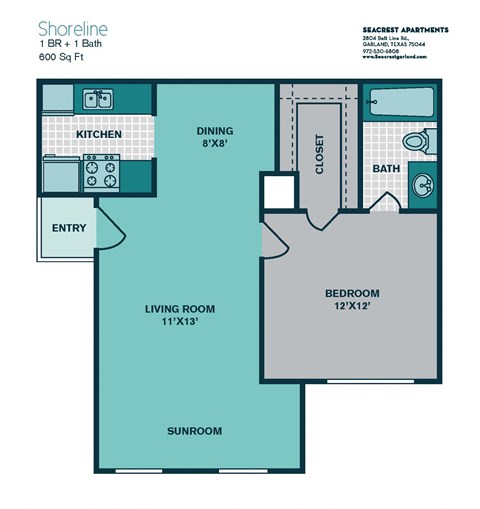 1 Bedroom A2 - 600sqft - SHORELINE at Seacrest Apartments, Garland, 75044