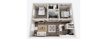 A 3D floor plan of a small apartment with two bedrooms, a living room, and a kitchen.