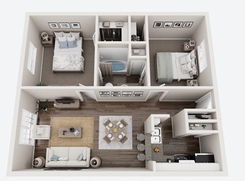 A 3D floor plan of a small apartment with two bedrooms, a living room, and a kitchen.