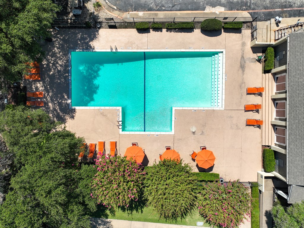Aerial view of the pool at Falls on Clearwood Apartments, Richardson, Texas