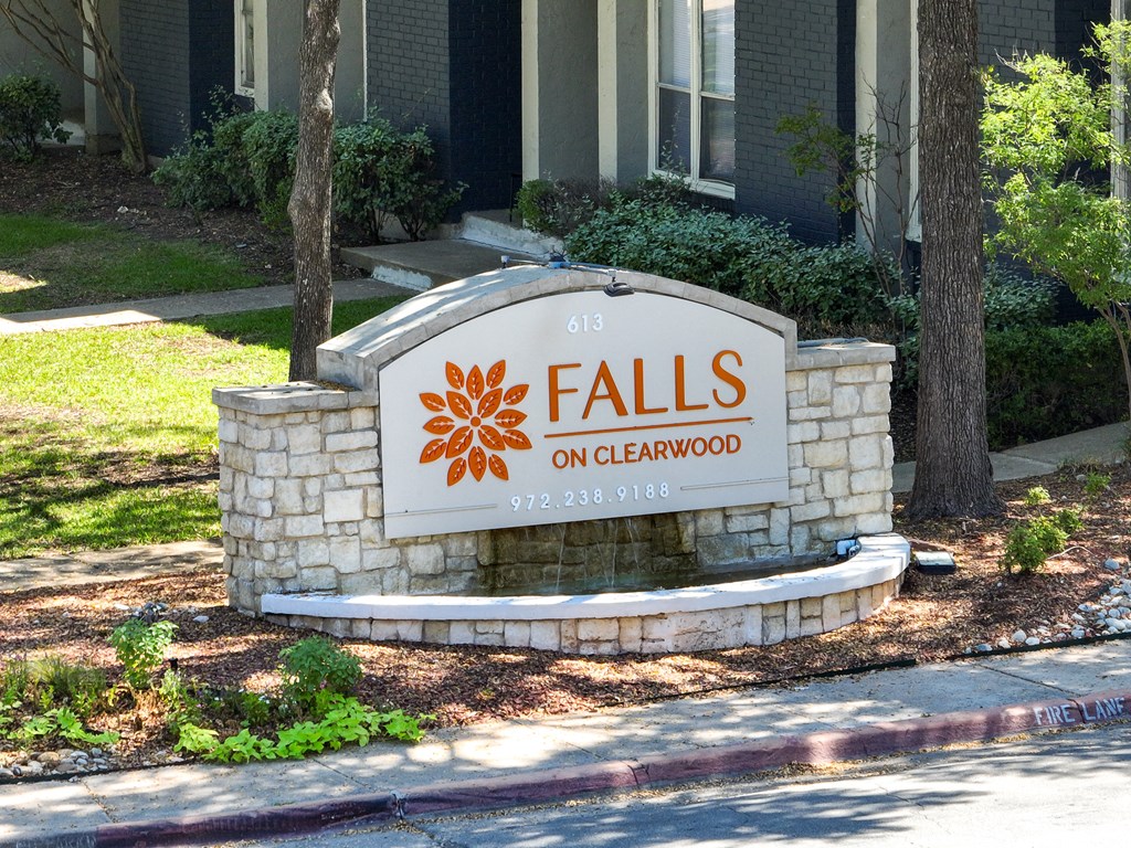 Entrance Sign at Falls on Clearwood Apartments, Richardson, TX, Texas