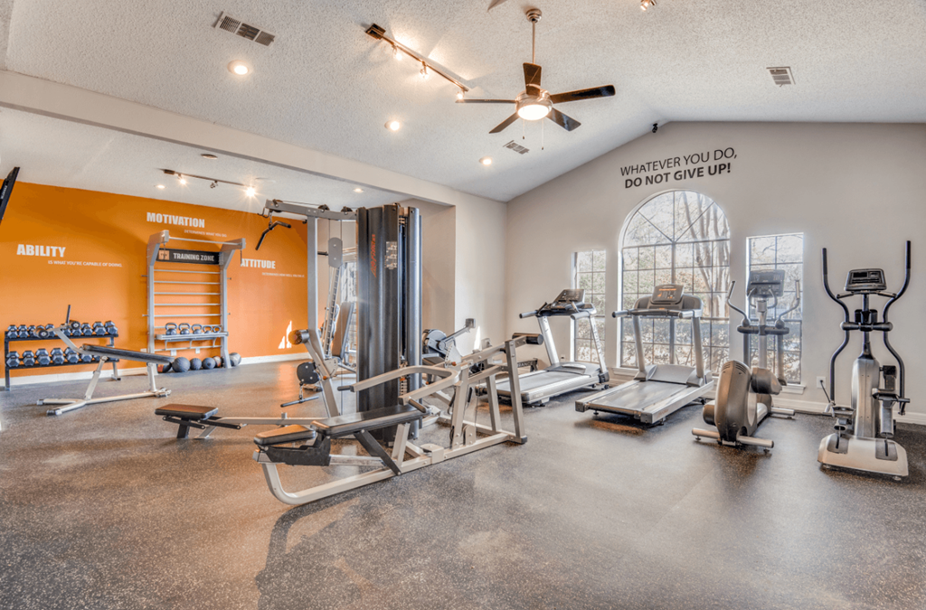 our state of the art gym is equipped with cardio equipment and weights at Foxborough Apartments, Irving, TX, 75061
