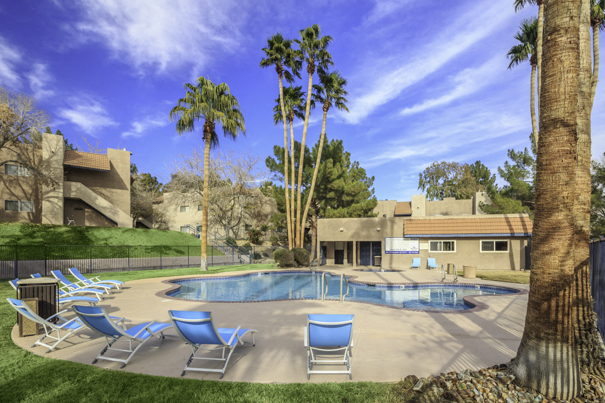 Pool And Relaxing Area at Desert Bay Apartments, Laughlin, NV, 89029