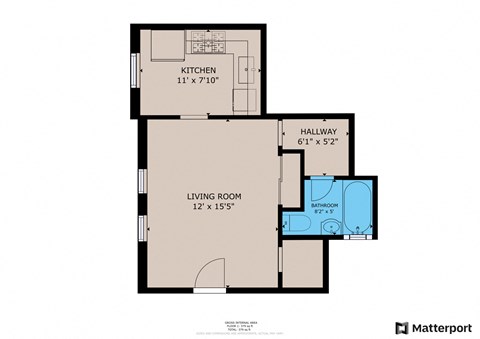 A floor plan of a house with a kitchen, living room, and bathroom.