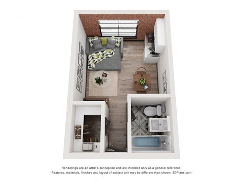 a stylized floor plan of a 1 bedroom apartment