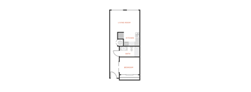 A floor plan of a small apartment with a living room, kitchen, bath, and bedroom.