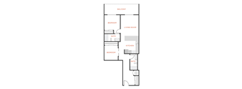 A floor plan of a house with a living room, two bedrooms, a bathroom, a kitchen, and a dining area.