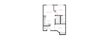 A floor plan of a house with a living room, kitchen, and two bedrooms.