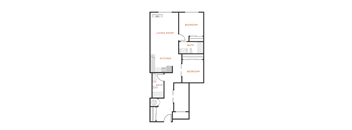 A floor plan of a small apartment with a living room, kitchen, and two bedrooms.