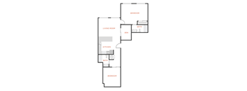 A floor plan of a house with a living room, kitchen, and two bedrooms.
