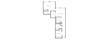 A floor plan of a house with a living room, two bedrooms, a kitchen, a bathroom, and a den.