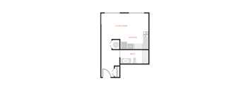 A floor plan of a living room, kitchen, and bath.