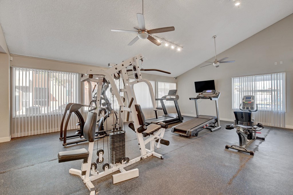 A home gym with a variety of equipment including a treadmill, weights, and a bench press.